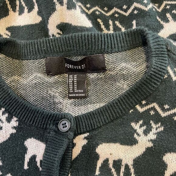 Forever 21 Medium Holiday Cardigan Green Reindeer Print Button Sweater - Picture 12 of 13